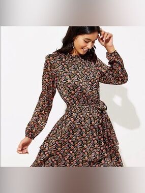 LOFT Floral Long-Sleeve Dress with shimmer, tiered skirt and Tie Waist
